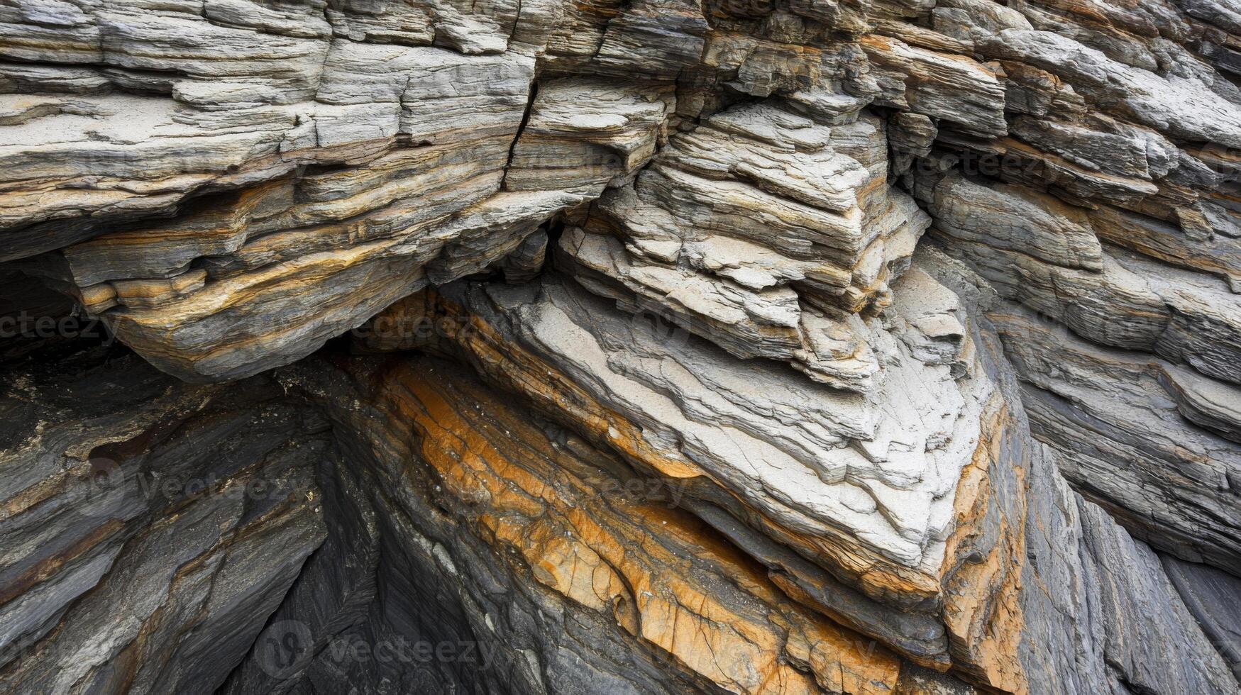Close-up of layered rock formation with gray, brown, and orange hues. photo