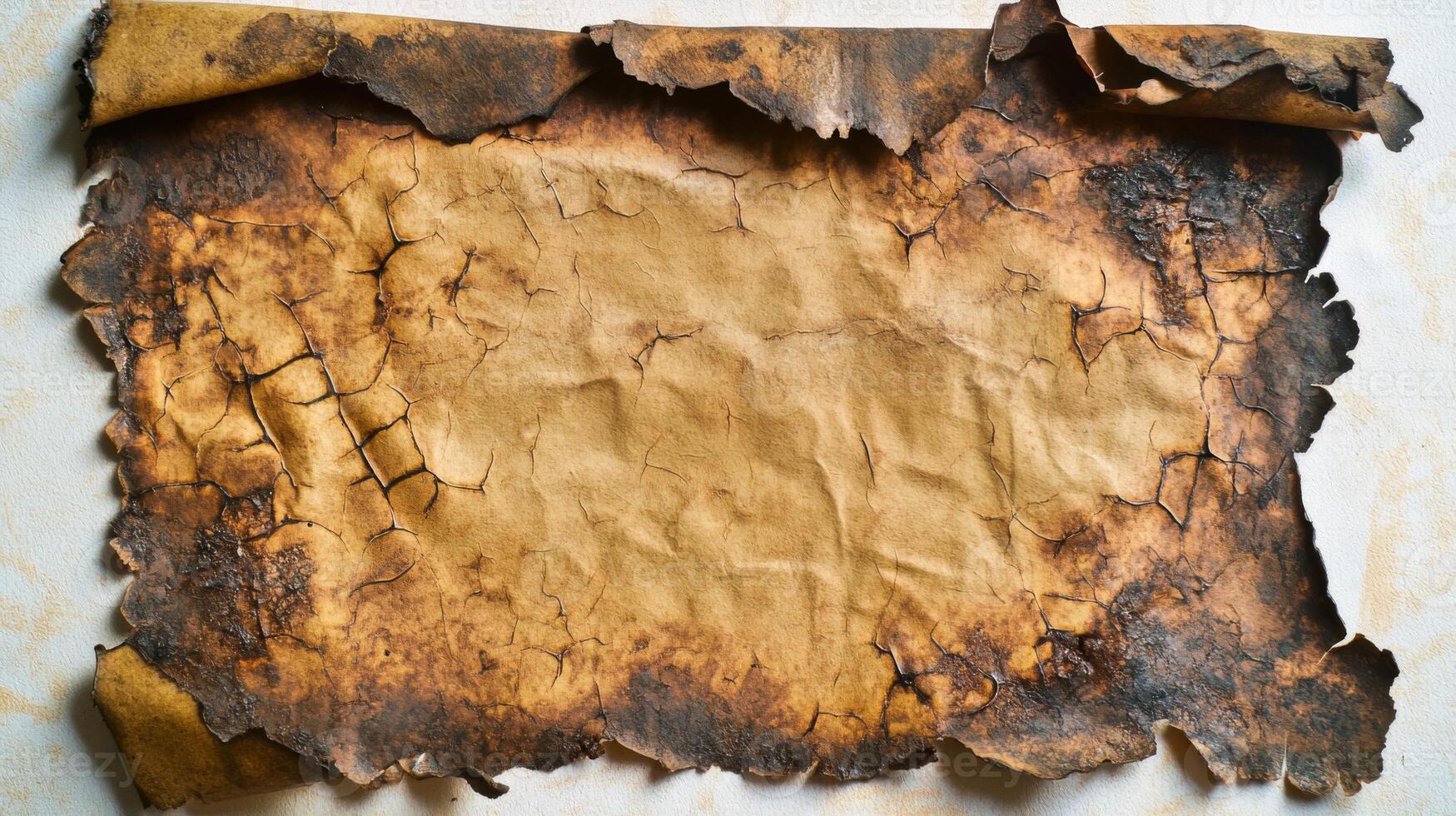 Aged and Burned Parchment Paper with Cracks and Frayed Edges photo