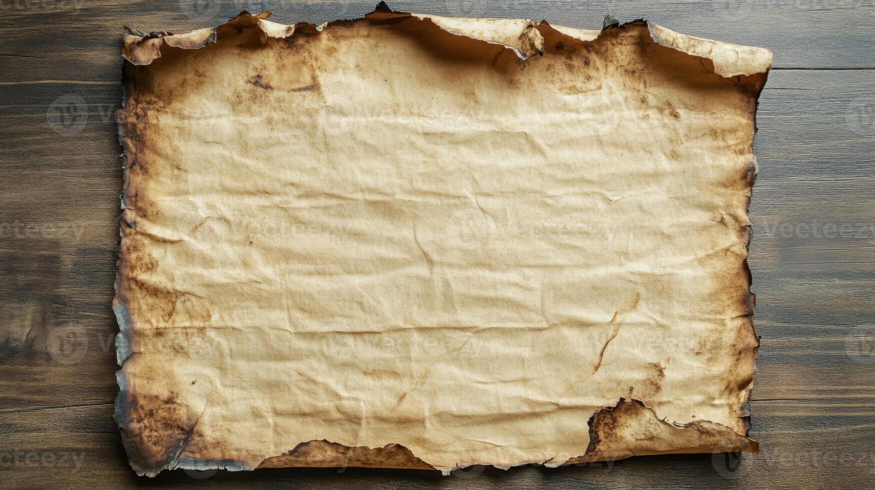 Burned and Crumpled Parchment Paper on Wooden Surface photo
