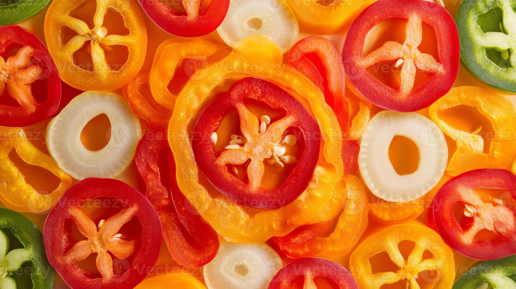Sliced Bell Peppers and Onion Rings Arranged in a Pattern photo
