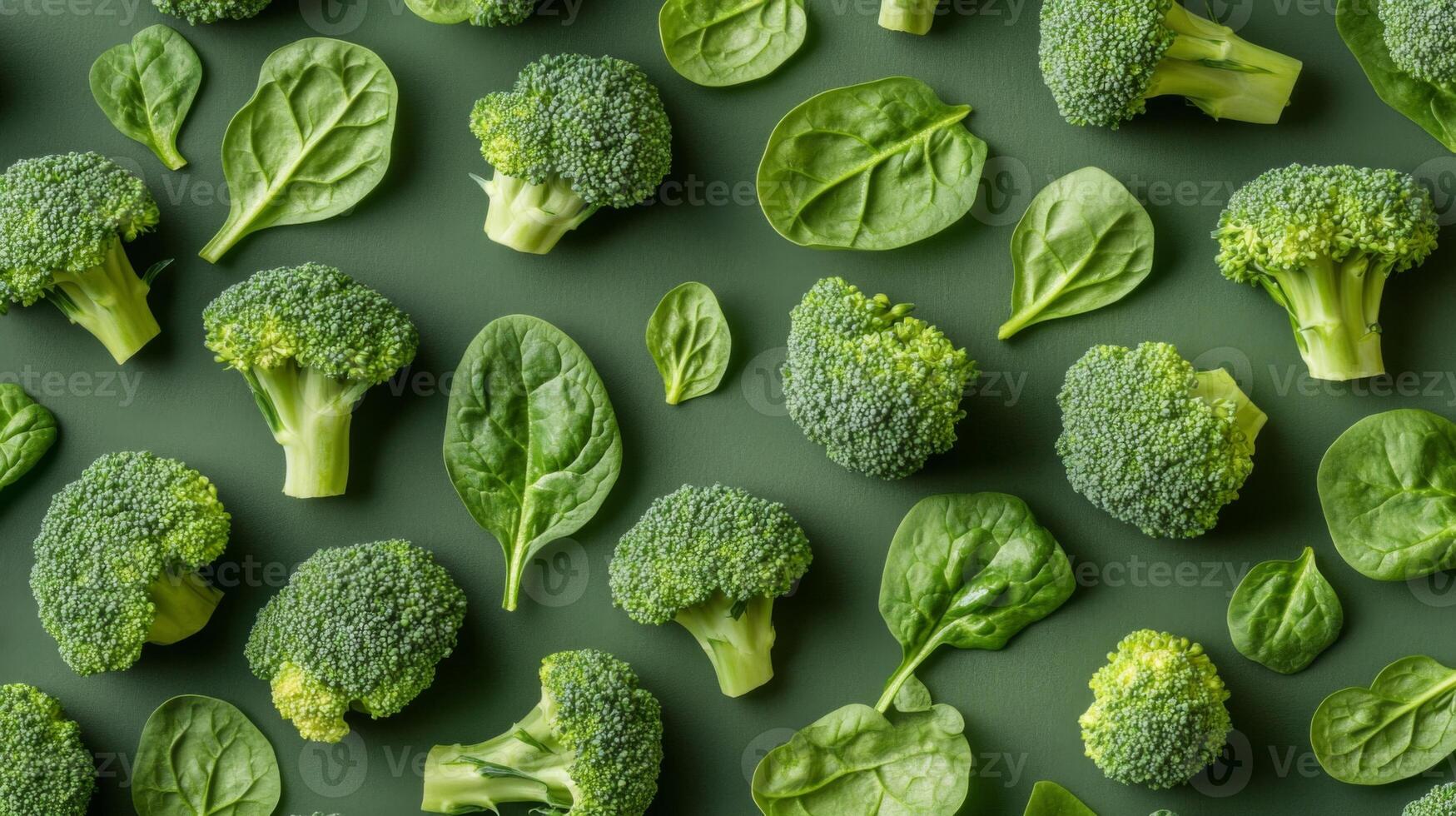 Broccoli and Spinach Pattern on a Green Background photo
