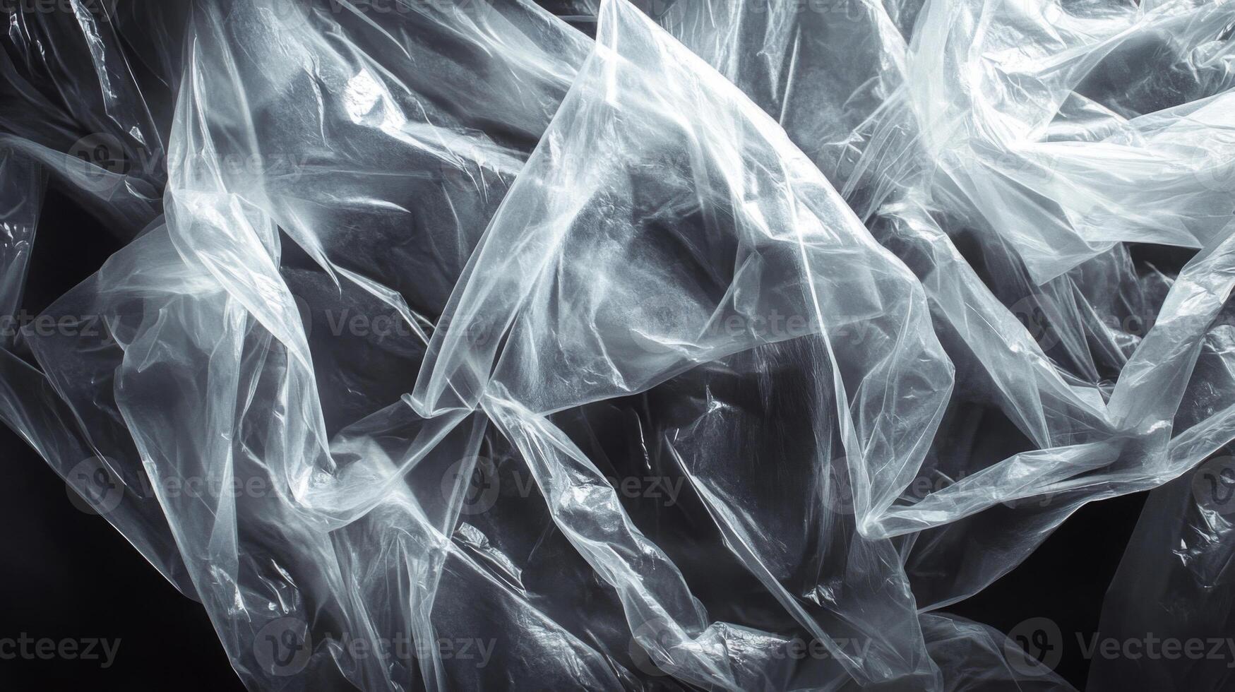 Abstract Wrinkled Transparent Plastic Sheet on Black Background photo