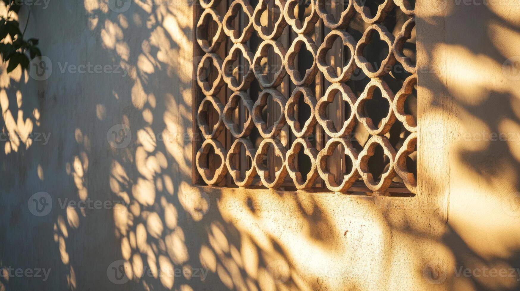 Ornate Stone Window with Sunlit Leaf Shadows on a Wall photo