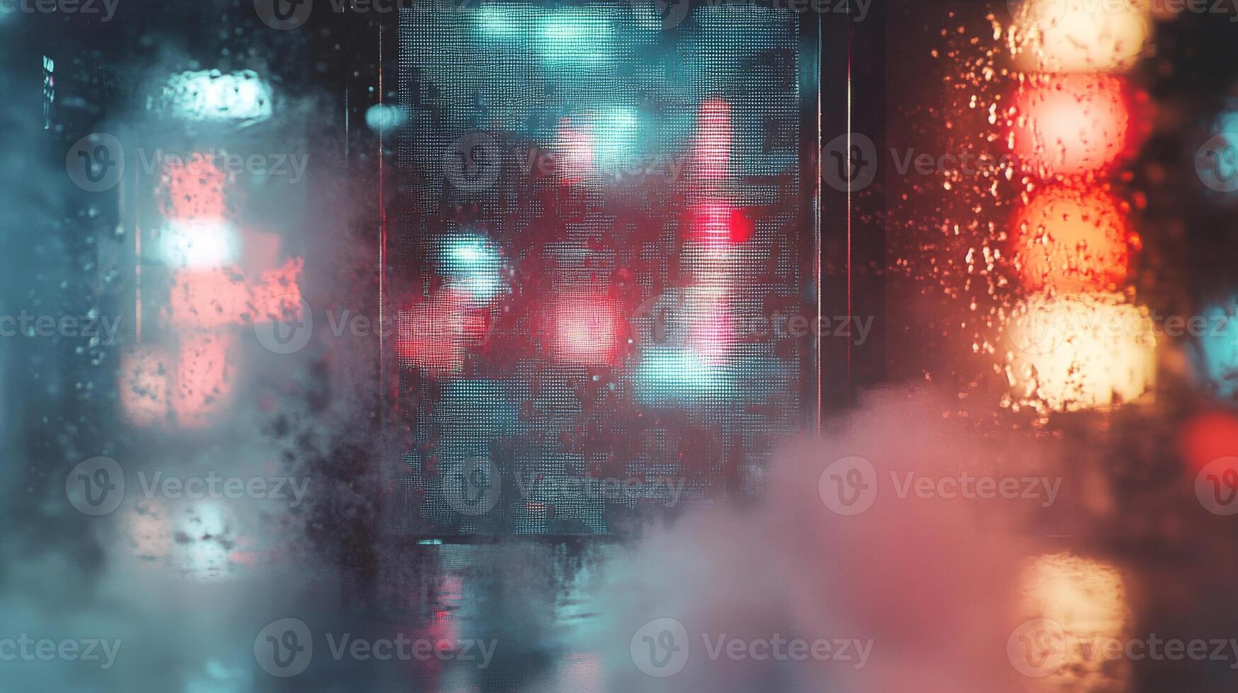 Blurry City Lights Reflected Through Wet Window Pane photo