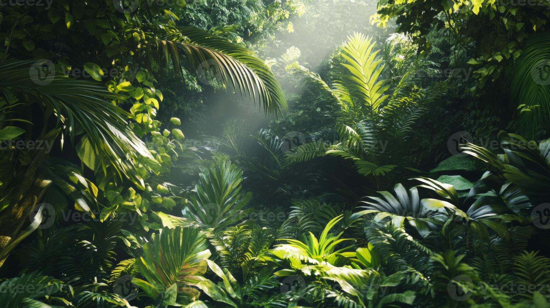 Sunlight Illuminating a Lush Tropical Jungle photo