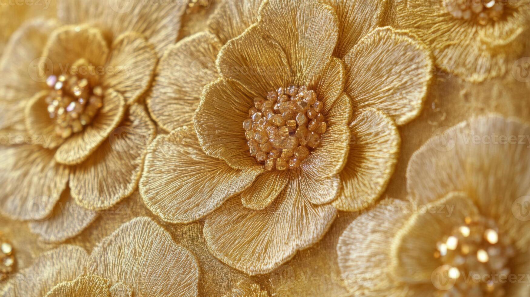 Close-up of Golden Embroidered Flowers with Crystal Center photo