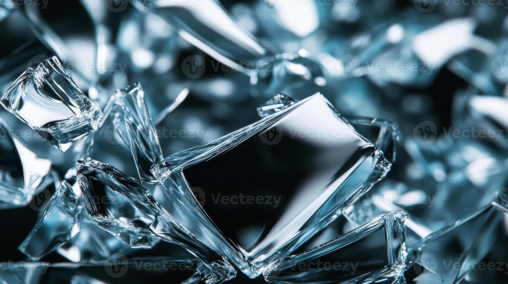 Sharp, angular shards of shattered glass, reflecting light photo