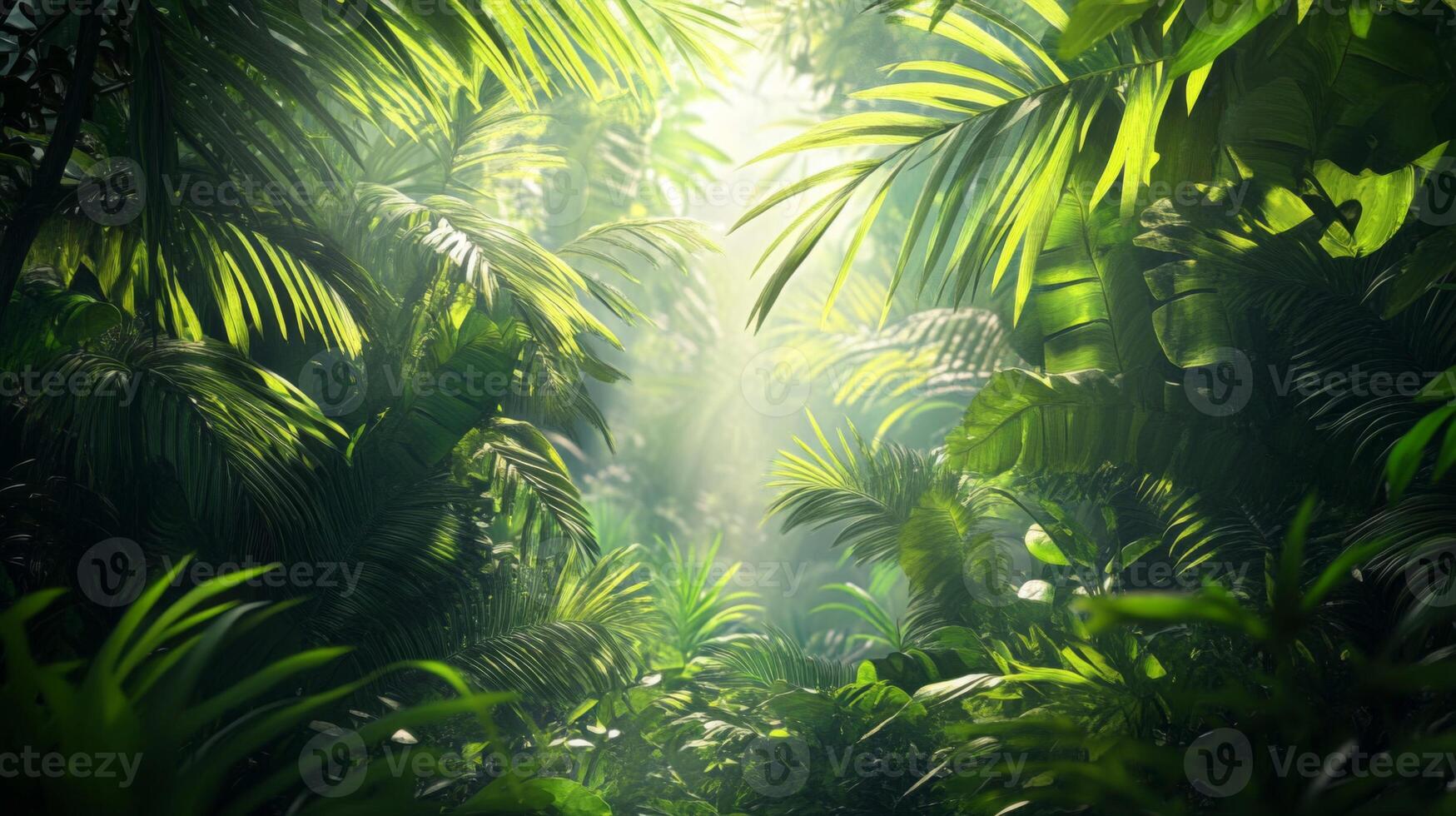 Lush Jungle with Sunlight Filtering Through Canopy photo