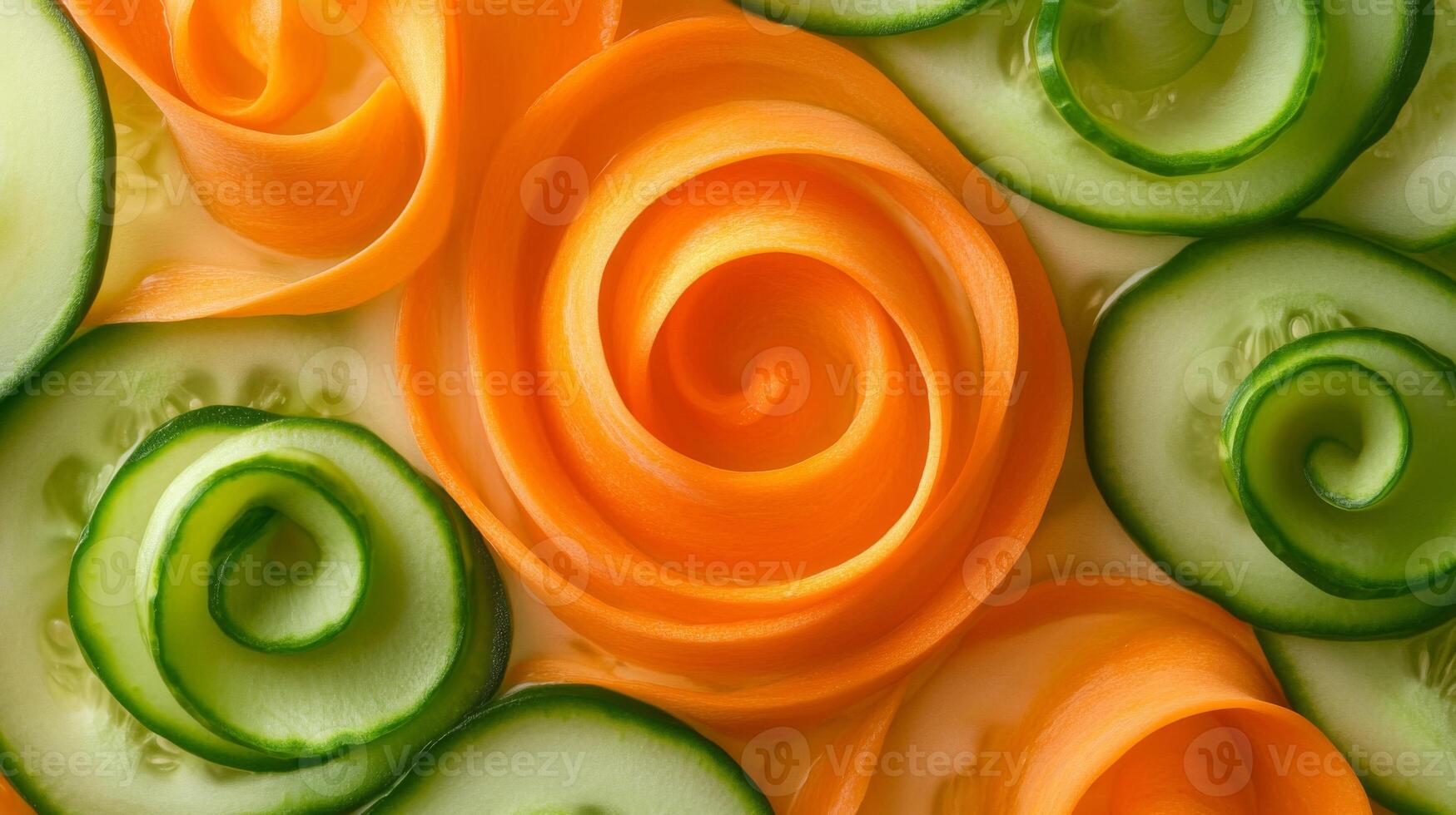 Close-up of Spiraled Cucumber and Carrot Slices photo