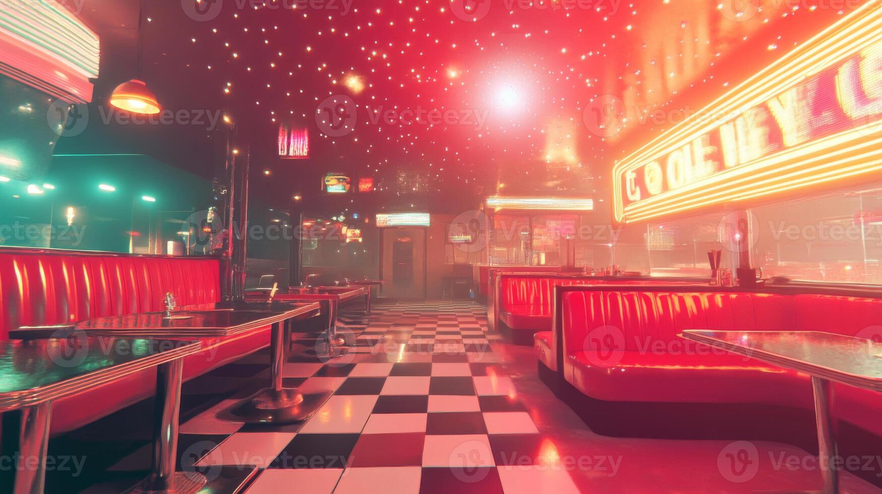 Retro Diner Interior with Red Booths and Checkered Floor photo