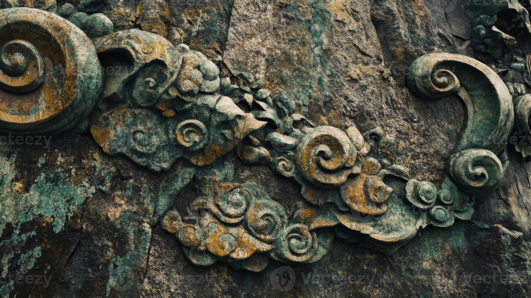 Ancient Stone Carving with Detailed Dragon and Cloud Motifs photo