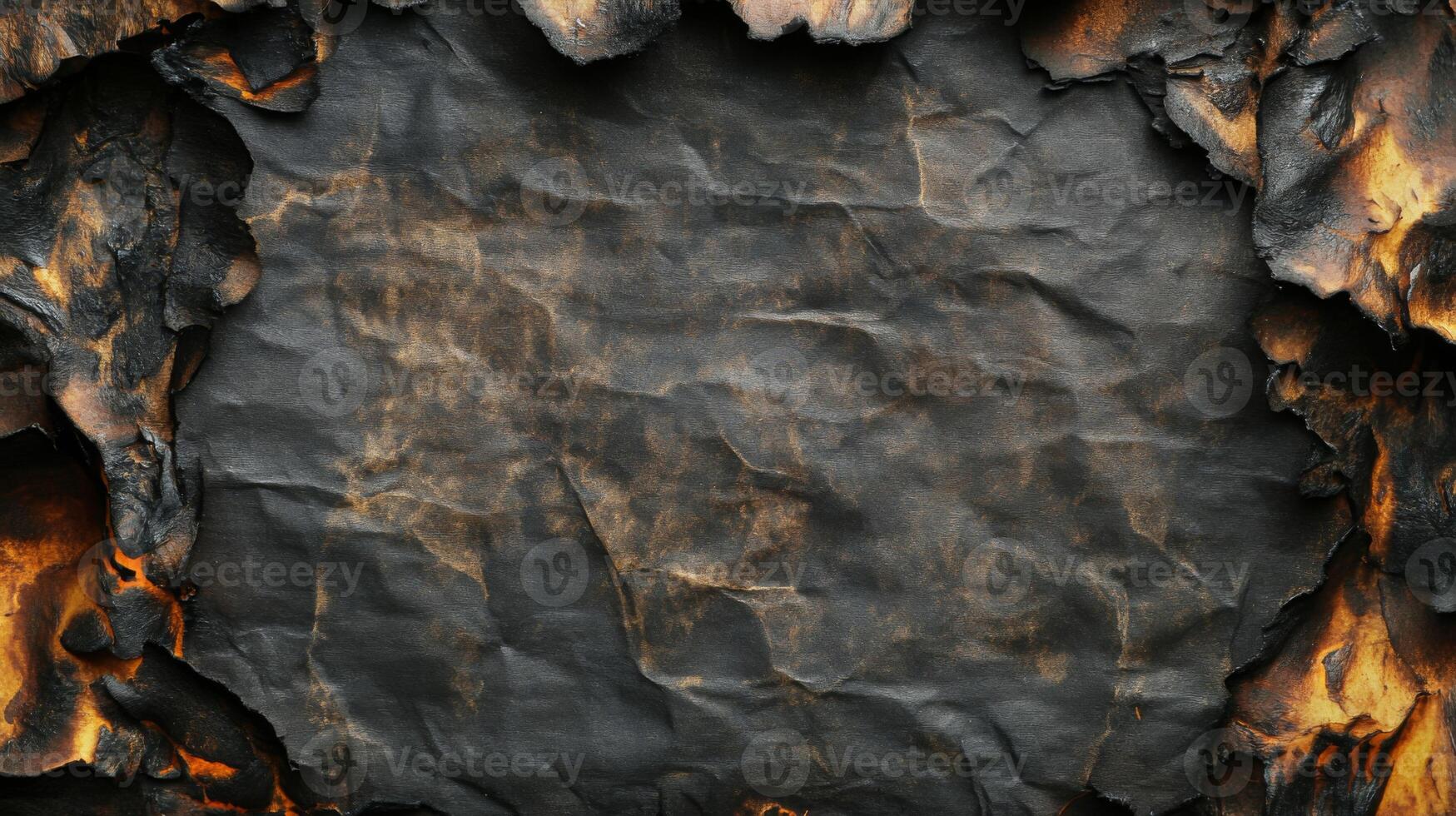 A charred and wrinkled black paper with a border of burnt edges photo