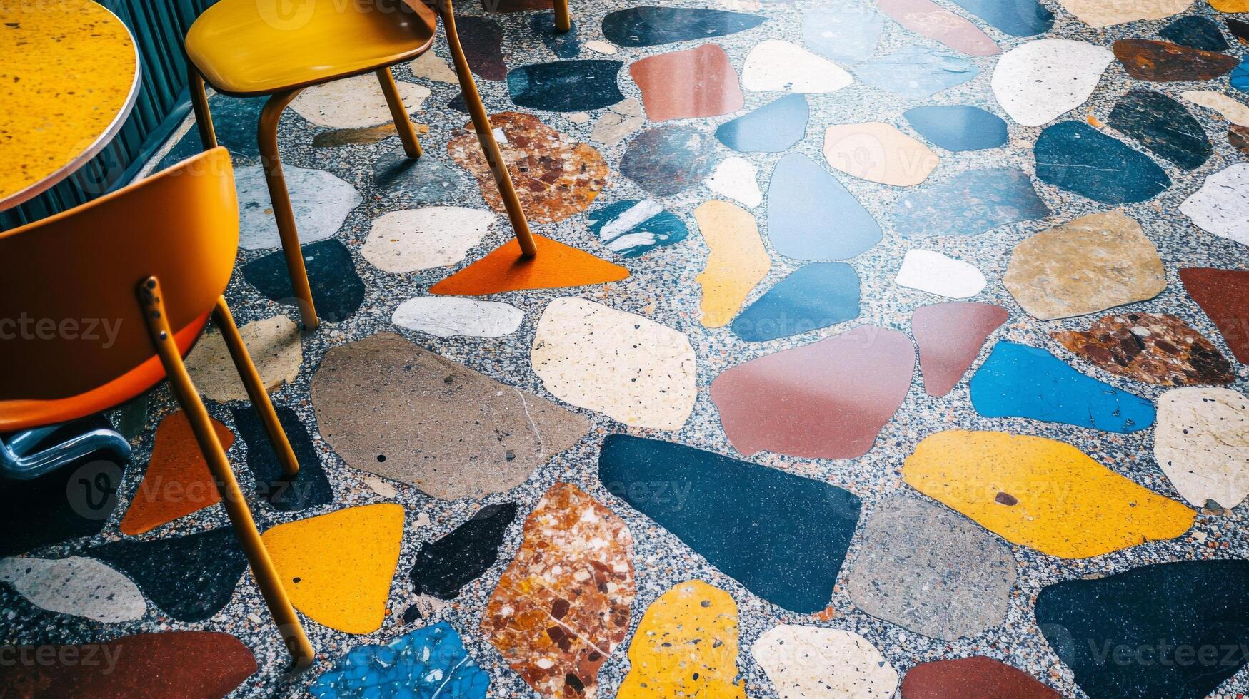 Yellow Chairs on a Colorful Pebble Floor photo