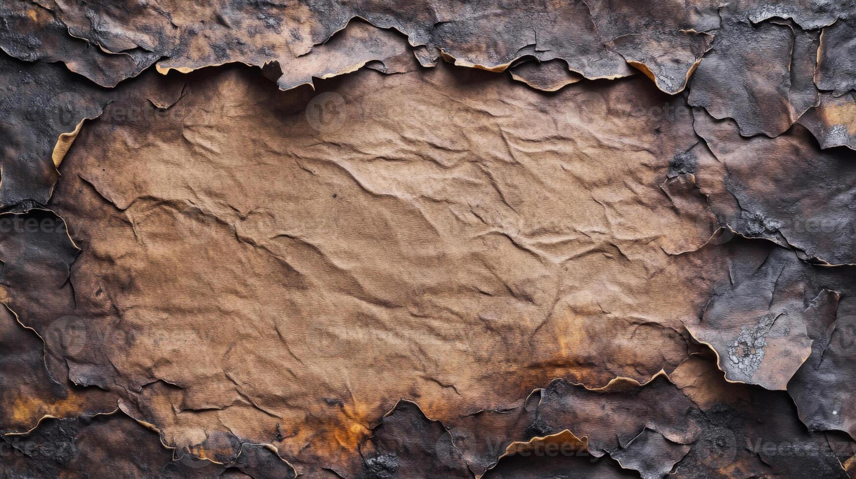 Burned and Crinkled Paper with a Central Blank Space photo