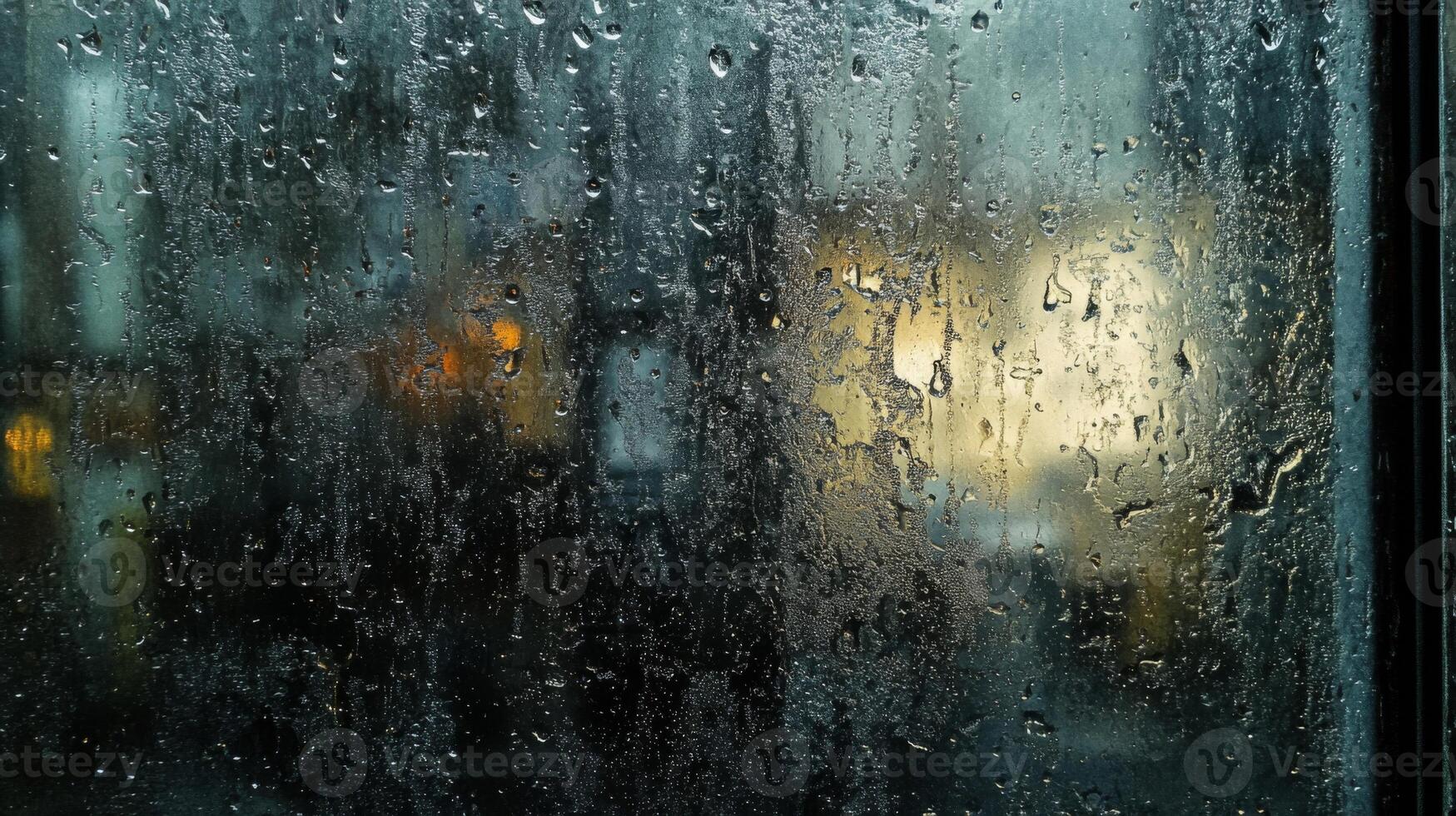 Raindrops on a Window with Blurred City Lights photo