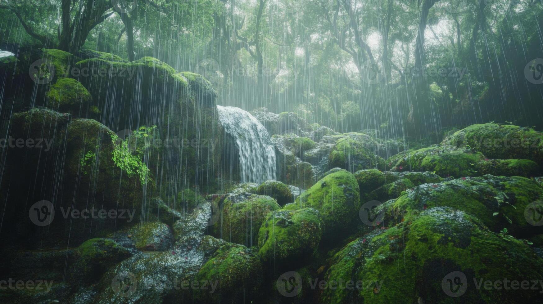 Moss-Covered Rocks and a Waterfall in a Rain-Drenched Forest photo