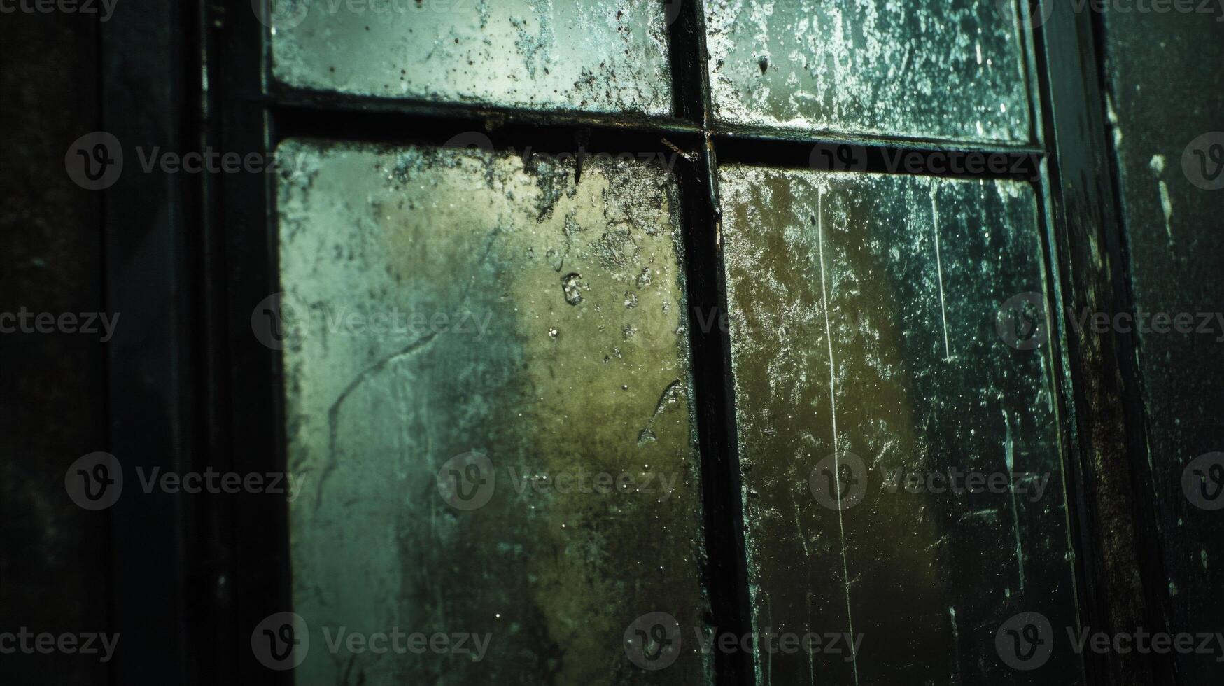 Close-up of a Dirty and Weathered Window Pane with Black Frames photo