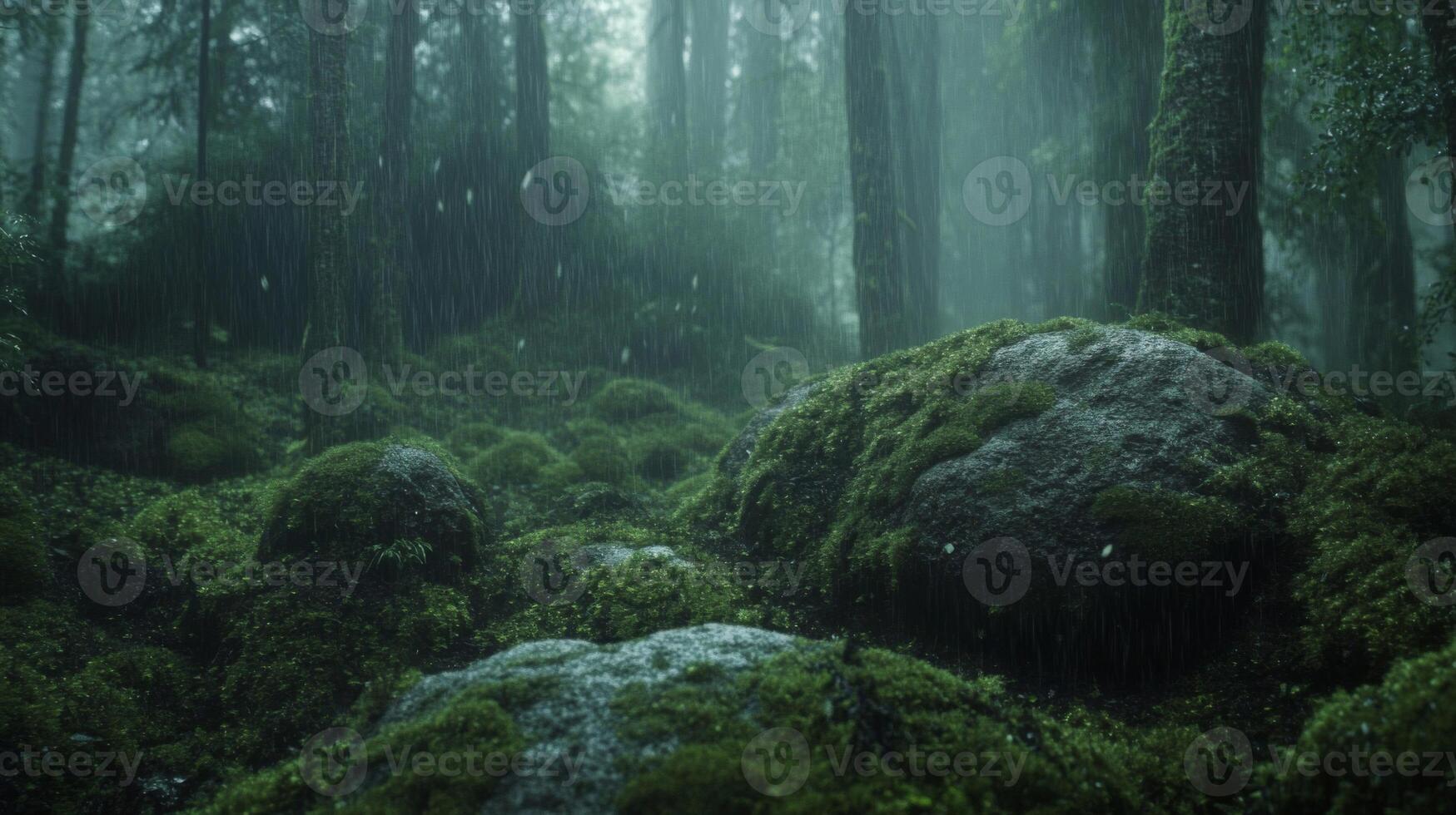 Rain-Soaked Mossy Forest Floor with Large Rocks photo