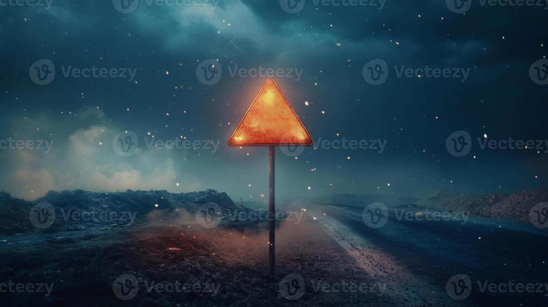 A Glowing Triangle Warning Sign on a Dark Road photo