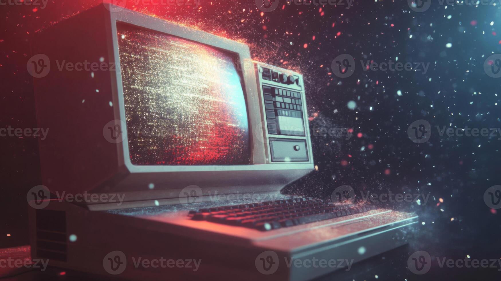 Vintage Computer with Glitching Screen and Sparks photo