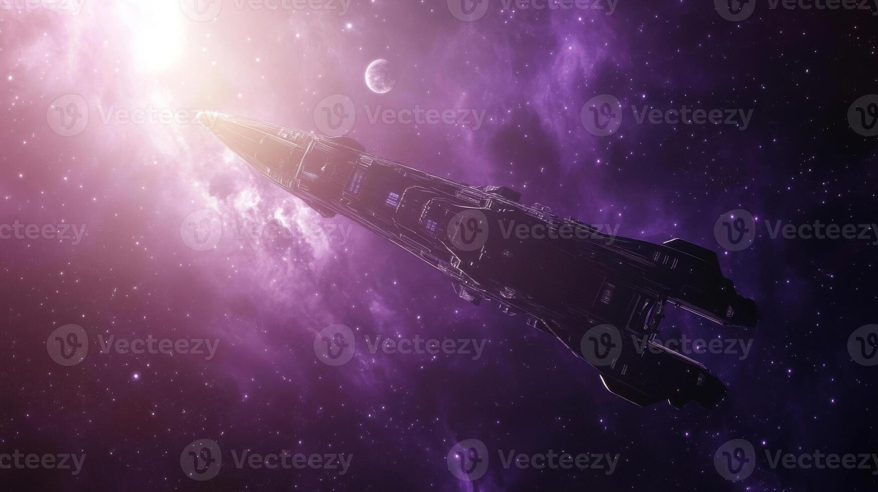 Spaceship in Cosmic Silhouette Against a Purple Nebula photo