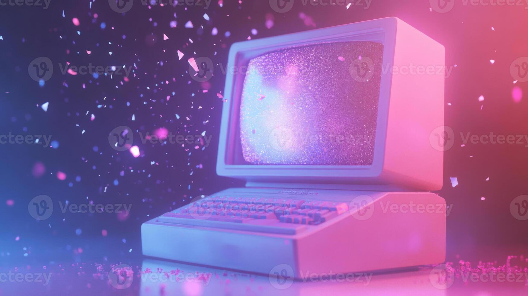 Retro Computer with Glittering Screen and Falling Confetti photo