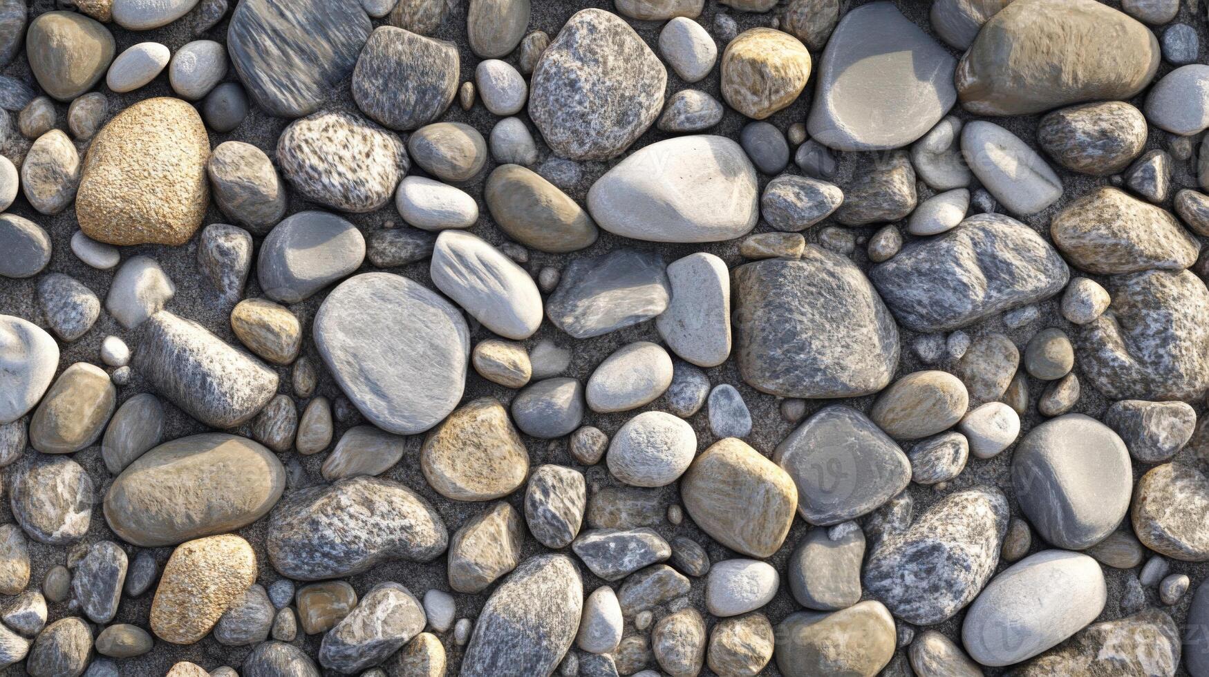 A Close-Up View of Smooth, Gray, White, and Tan River Rocks photo