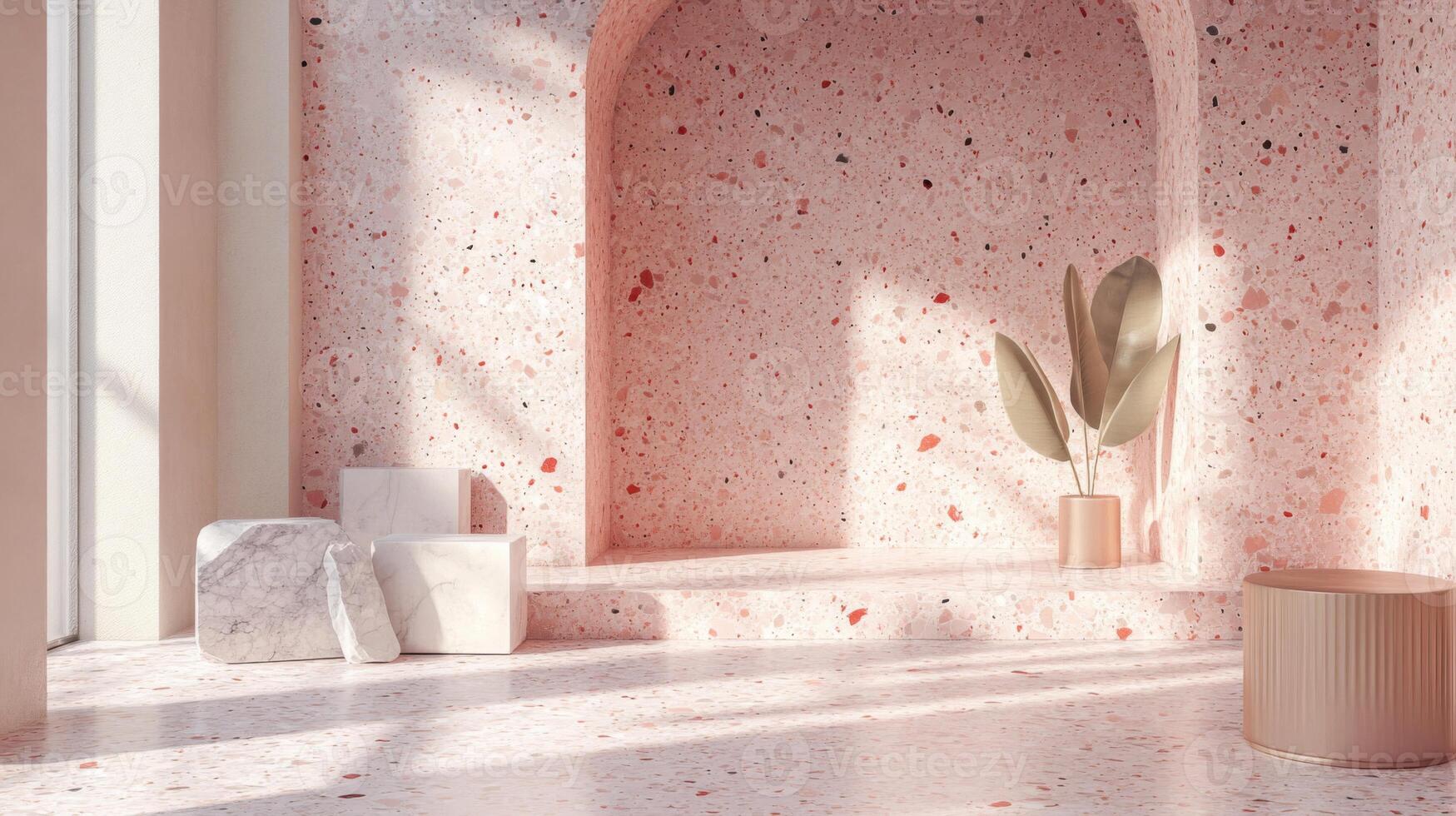 Minimalist Interior with Terrazzo Walls and Marble Platforms photo