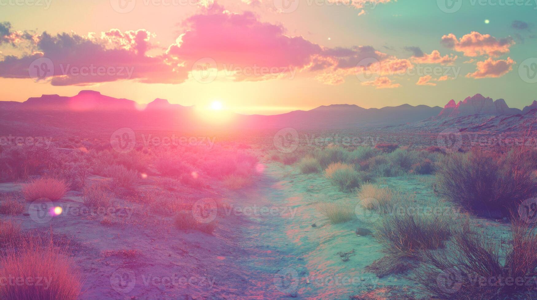 Desert Path at Sunset with Sun Glare and Clouds photo