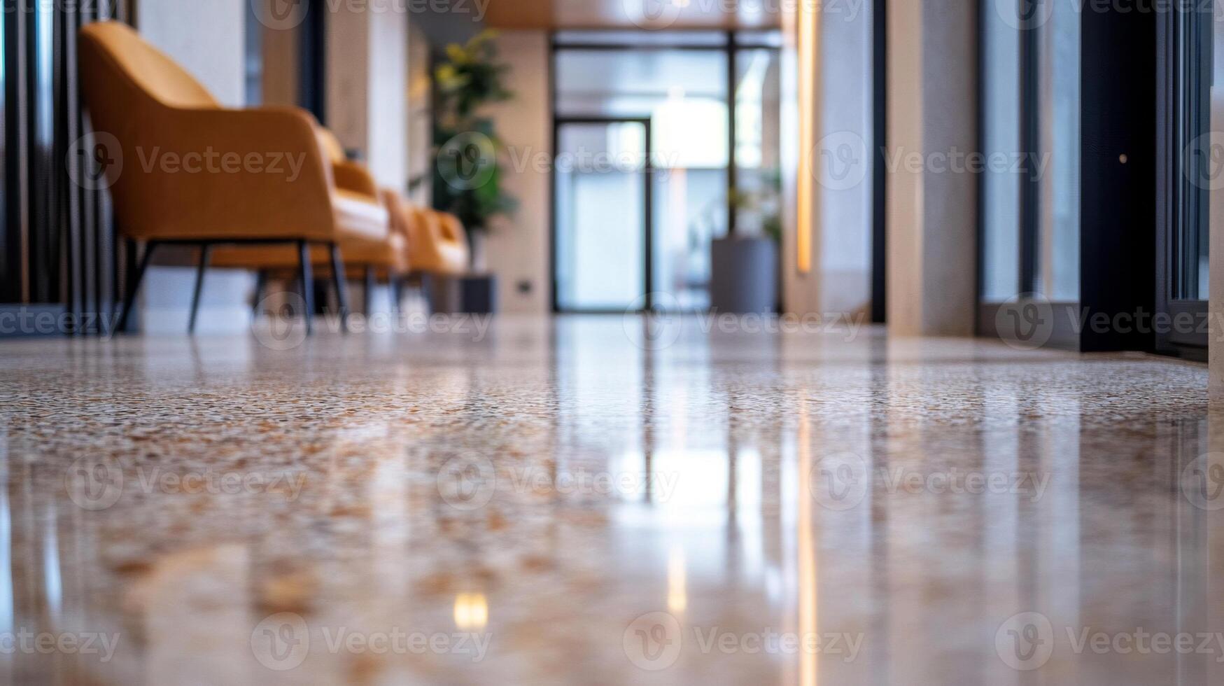 Polished Concrete Floor in Modern Lobby with Blurred Seating and Glass Doors photo