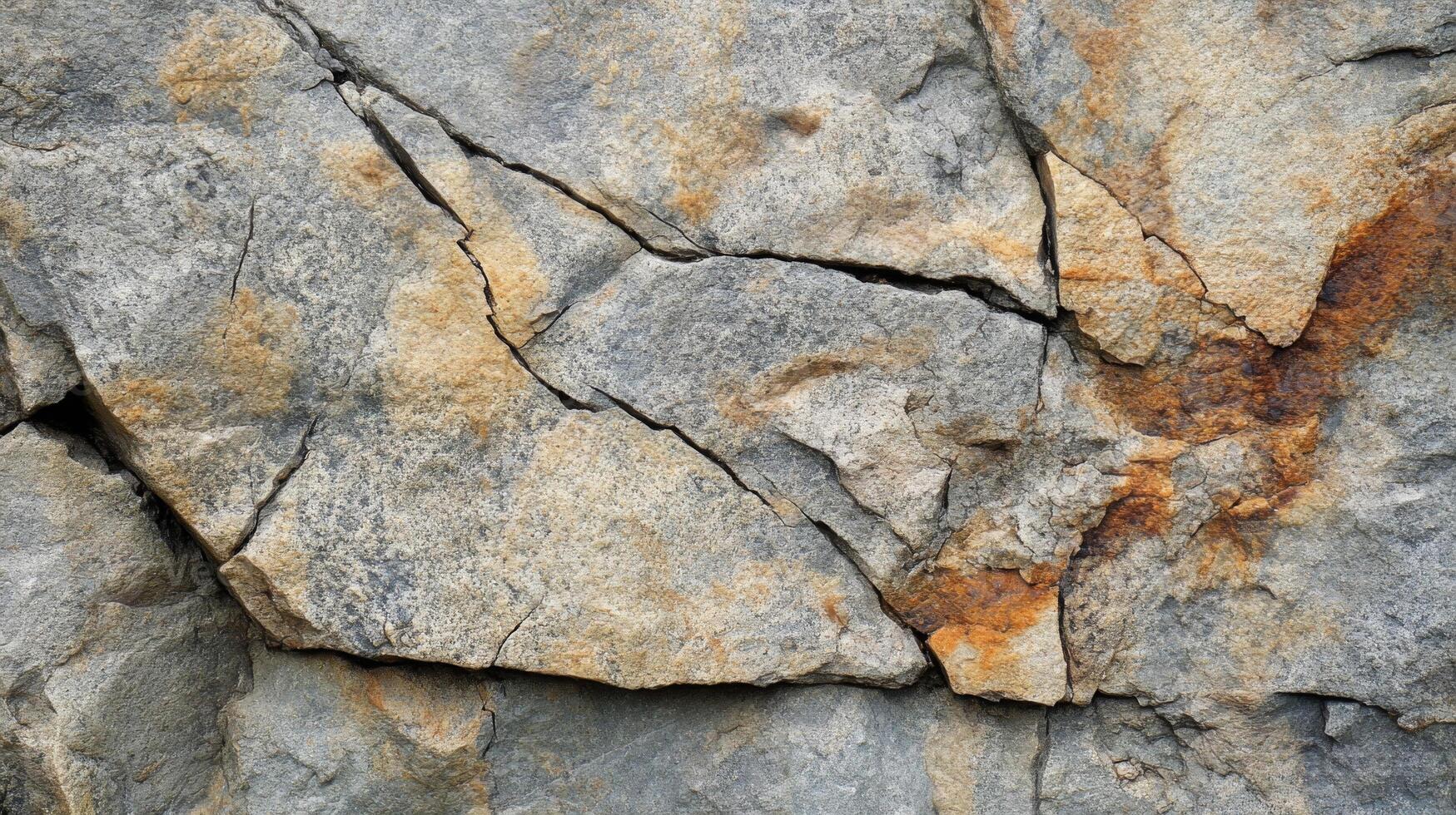 Close-up of Cracked and Weathered Rock Surface with Orange and Gray Hues photo