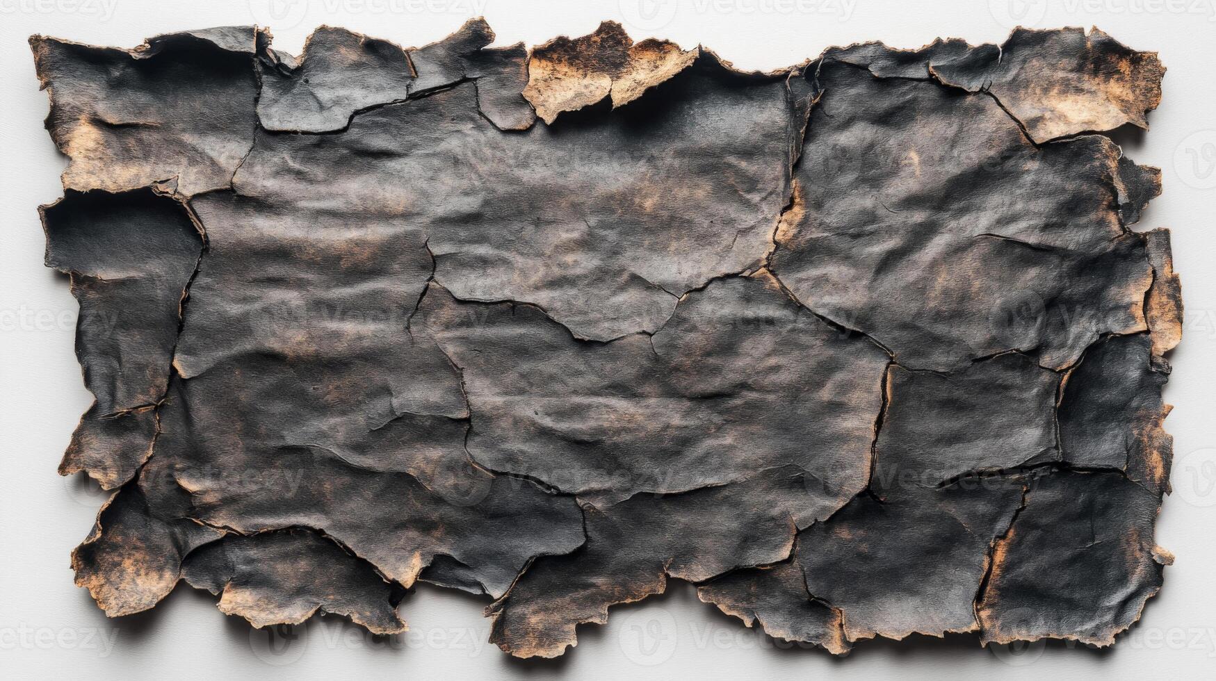 A piece of charred, cracked paper with a rustic and weathered texture photo
