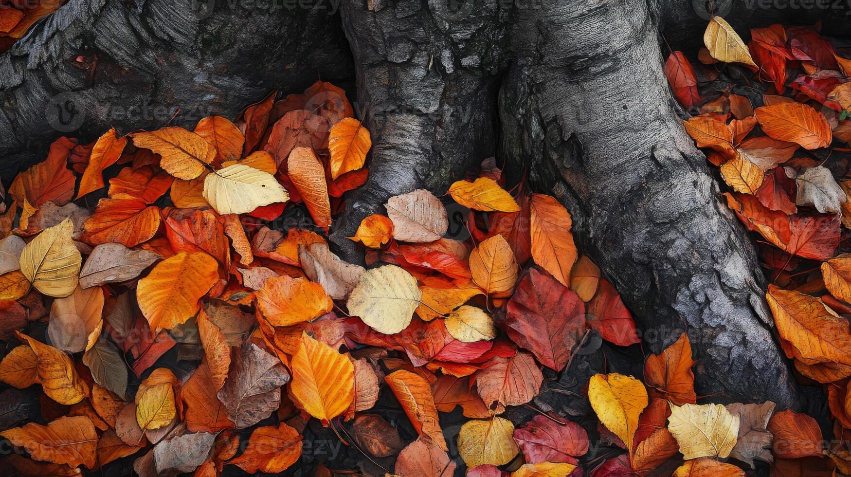Fallen Autumn Leaves Covering a Tree Trunk Base photo