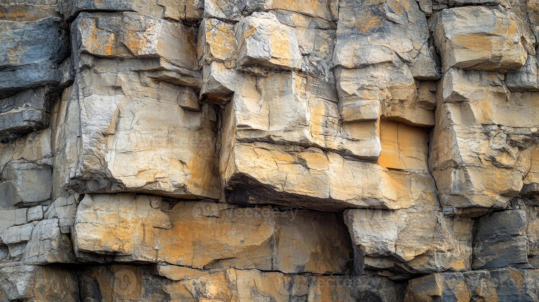 Rough, Textured Rock Face with Cracks and Layers photo