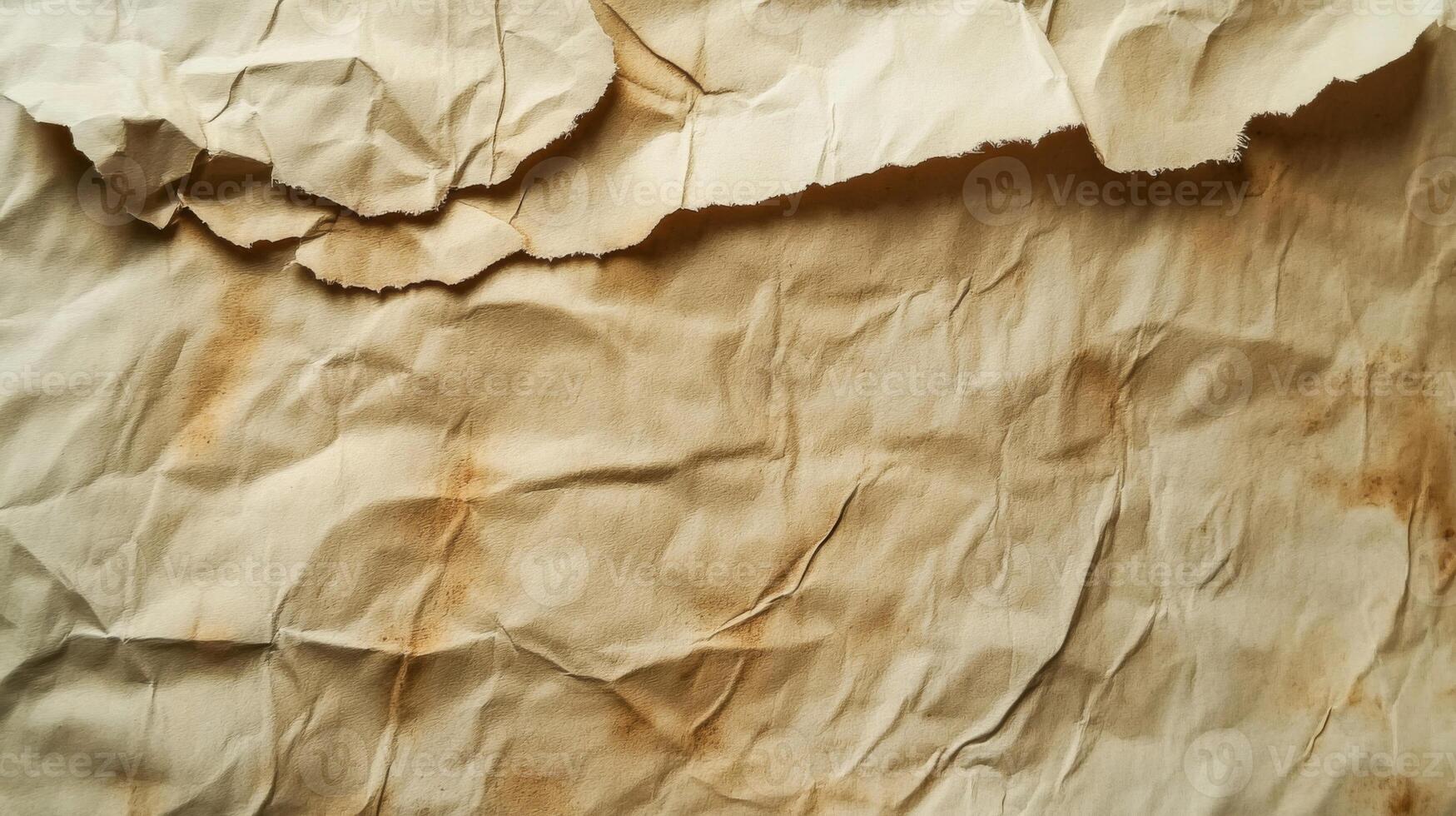 A Crumpled Piece of Brown Paper with Stains and Ripped Edges photo