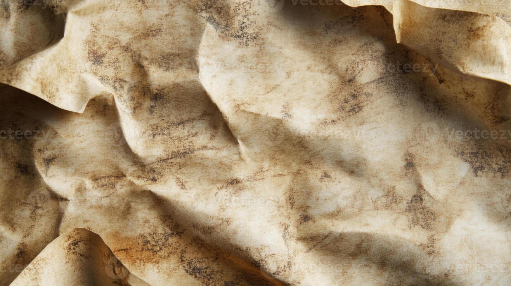 Crumpled Beige Fabric with Brown Splotches photo