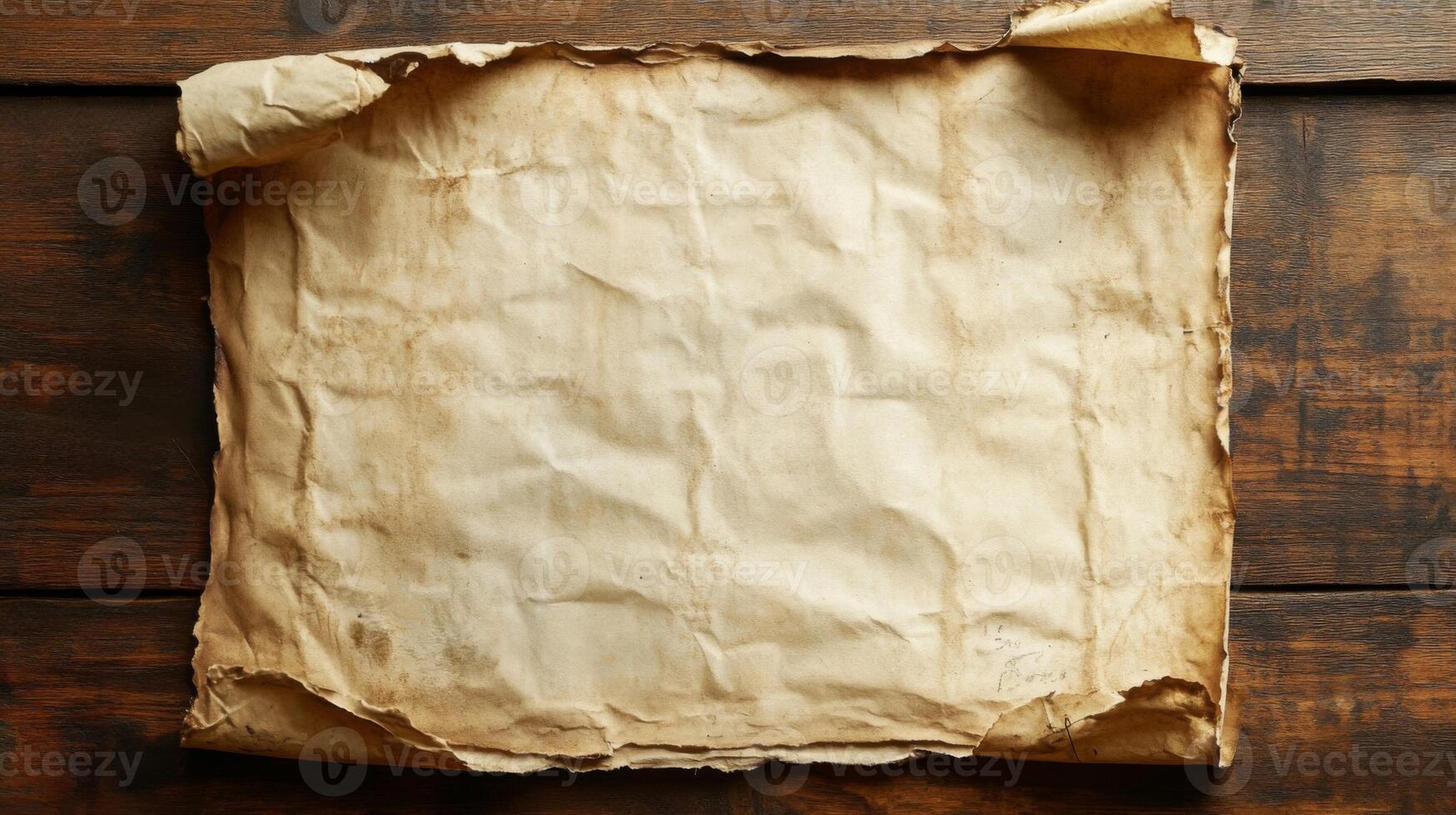 Crumpled, Aged Parchment Paper on Rustic Wooden Surface photo