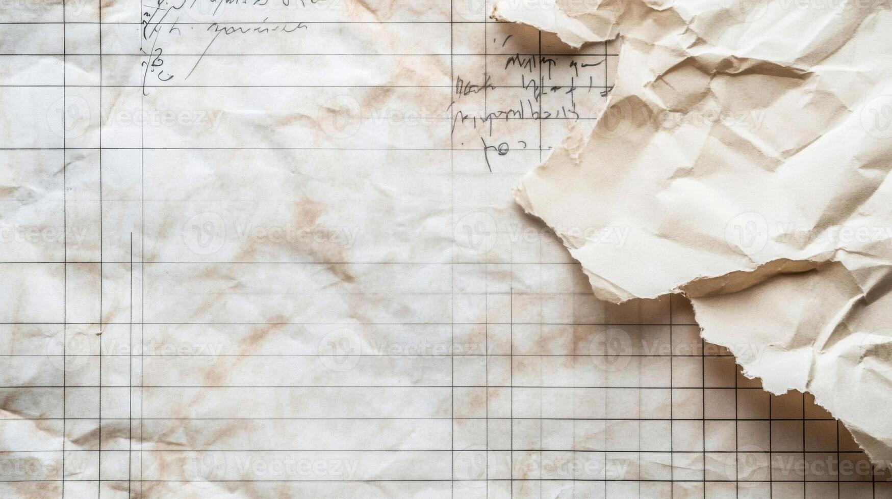 Crumpled Paper Overlaid on Gridded Paper with Handwritten Notes photo