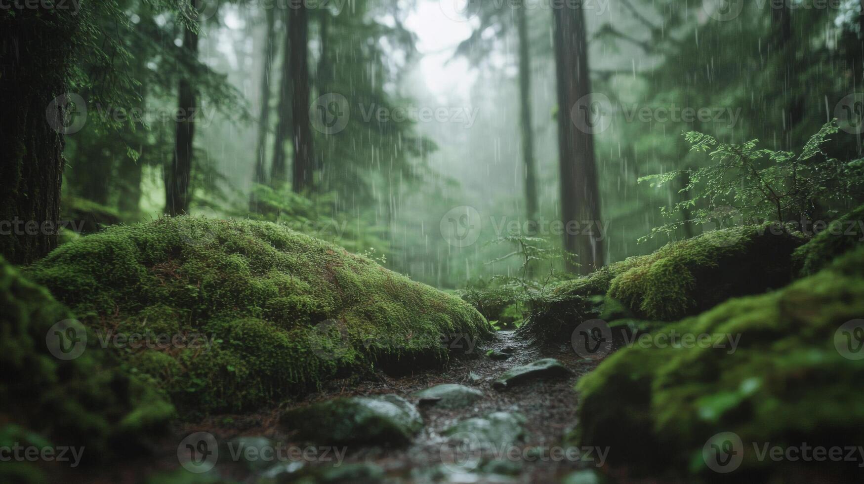 A Rainy Forest Path Covered in Lush Moss photo