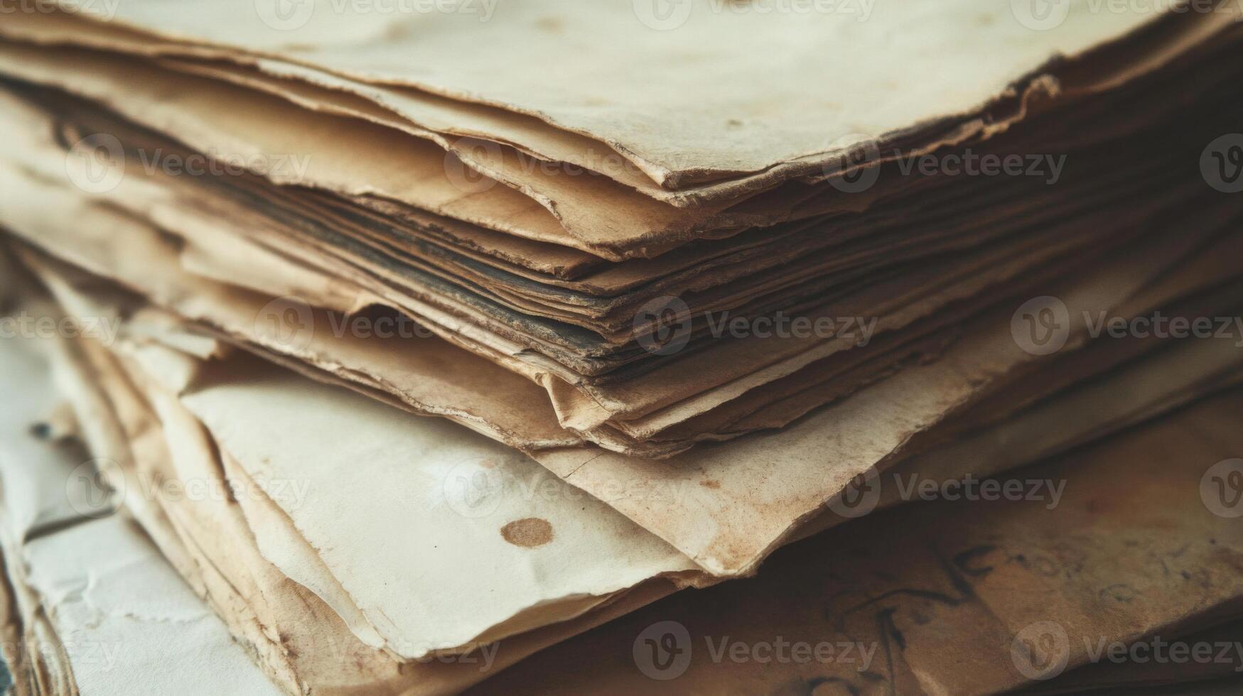 Close-up of a Stack of Aged and Worn Paper Sheets photo