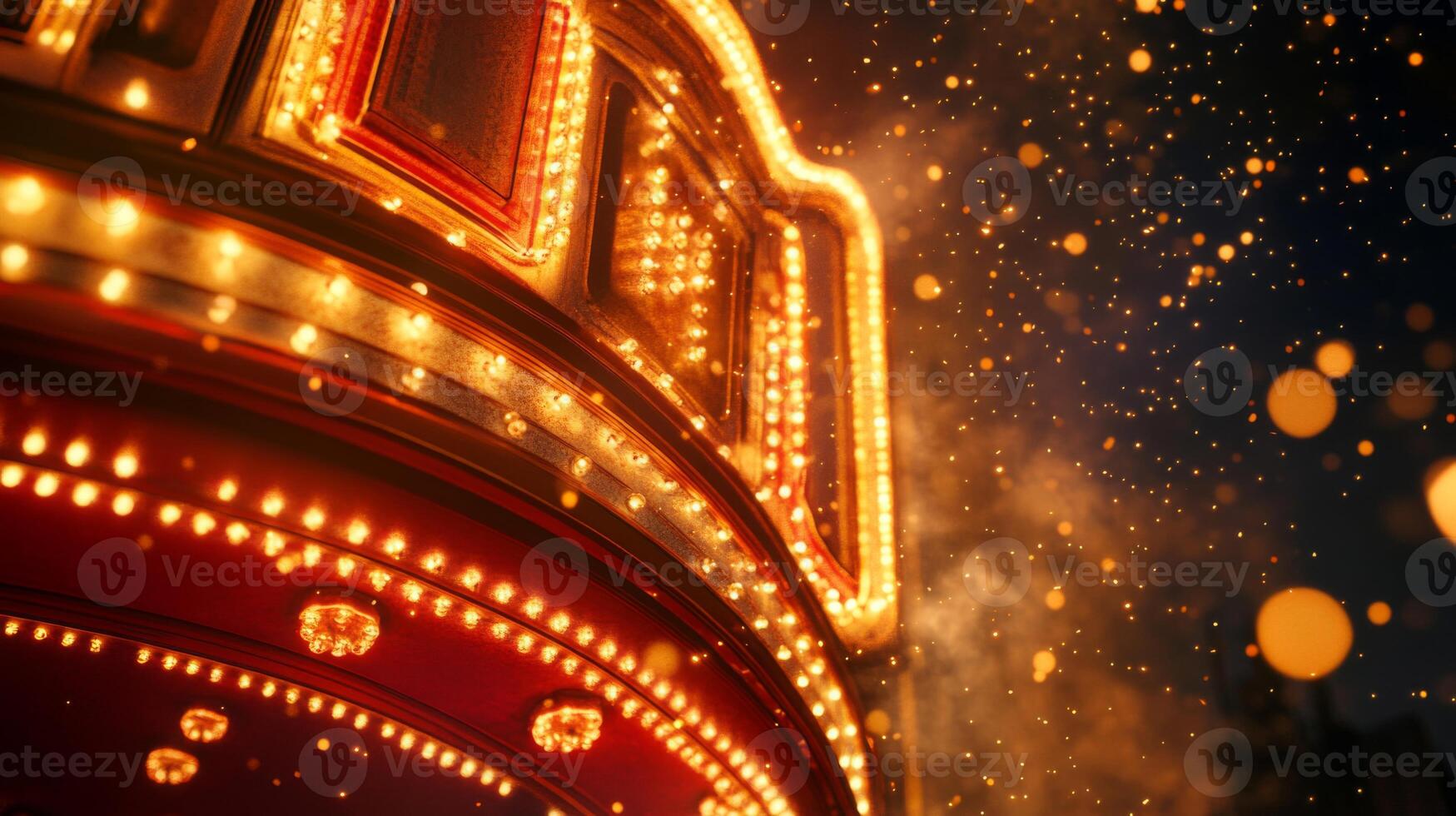 A Close-up of a Red and Gold Building with Bright Lights Against a Night Sky photo