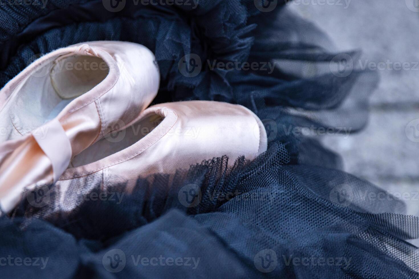 Composition with pink satin ballet pointe shoes placed on a layered black tulle tutu, symbolizing contrast of beauty and discipline, delicacy and strength, elegance and artistry required in dancing photo