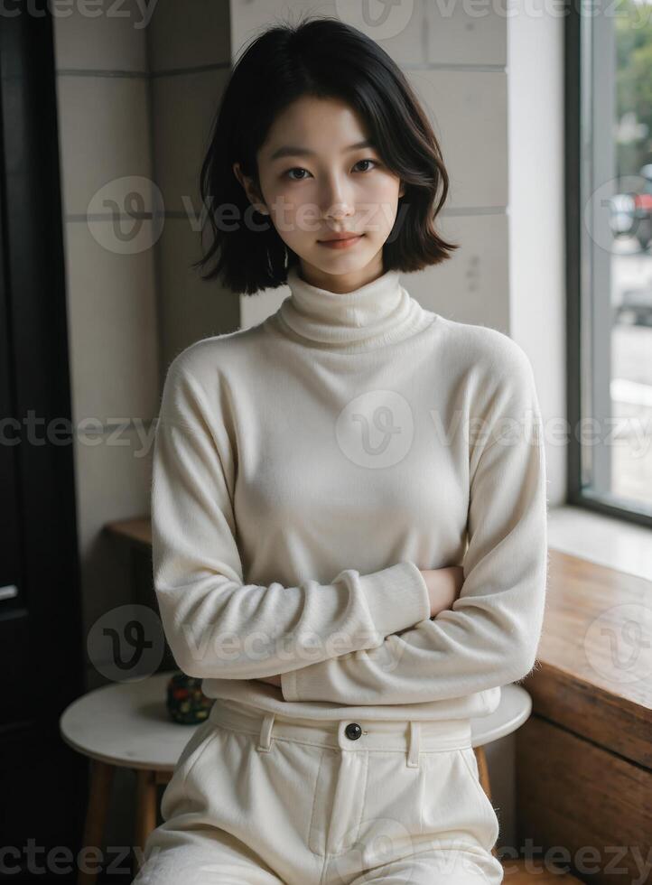 A woman in a cream turtle neck sweater and white pants photo