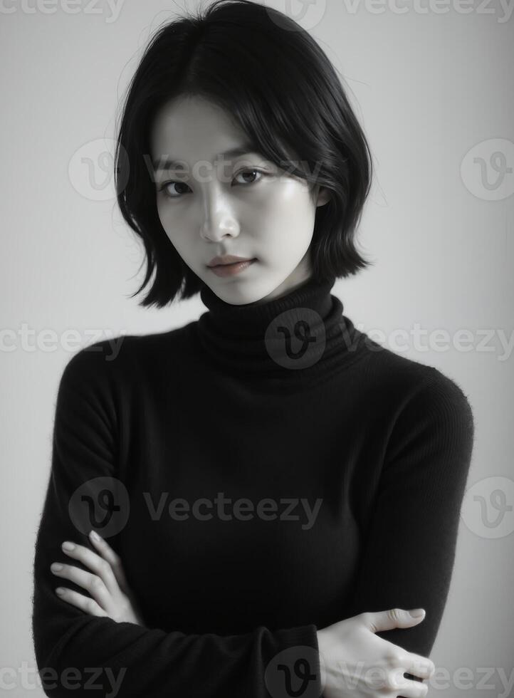 A woman in a black turtle neck sweater posing for the camera photo