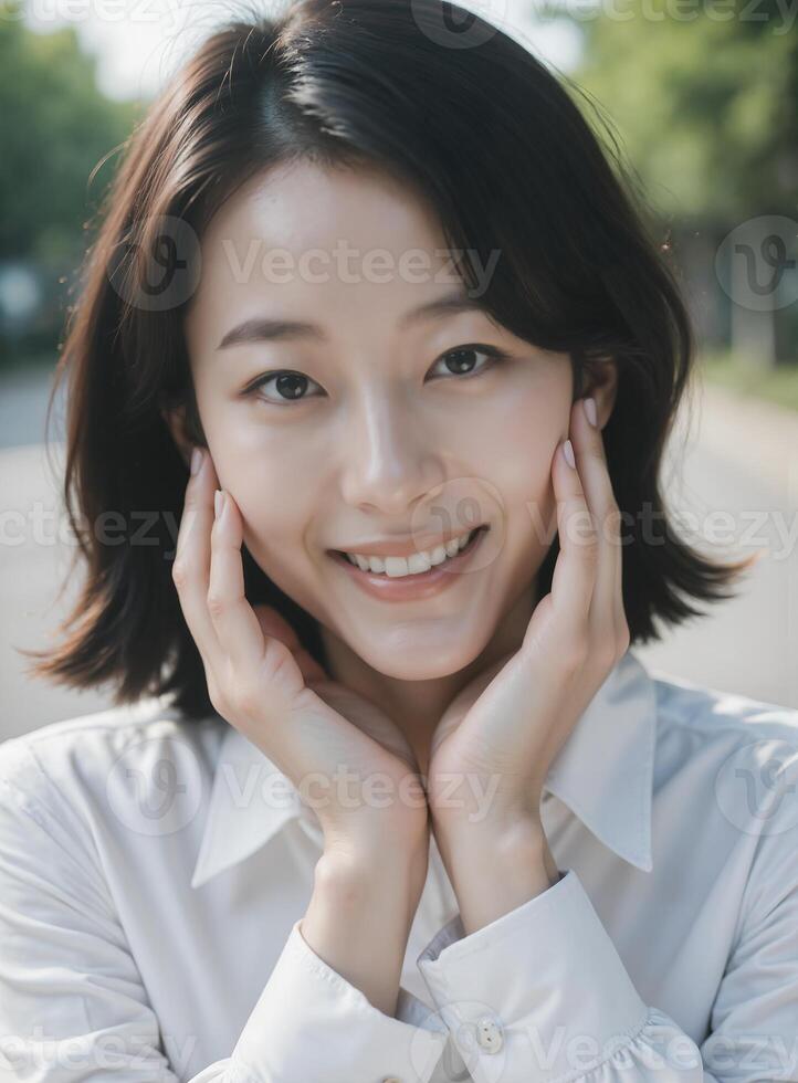 A woman with short hair and a white shirt photo