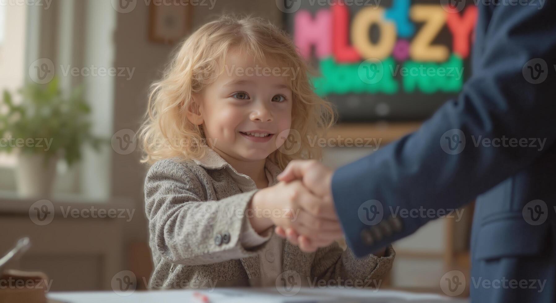 Zoe - Joyful Blonde Toddler Girl Reaching for Adult Hand, Symbol of Trust and Guidance in Colorful Setting photo