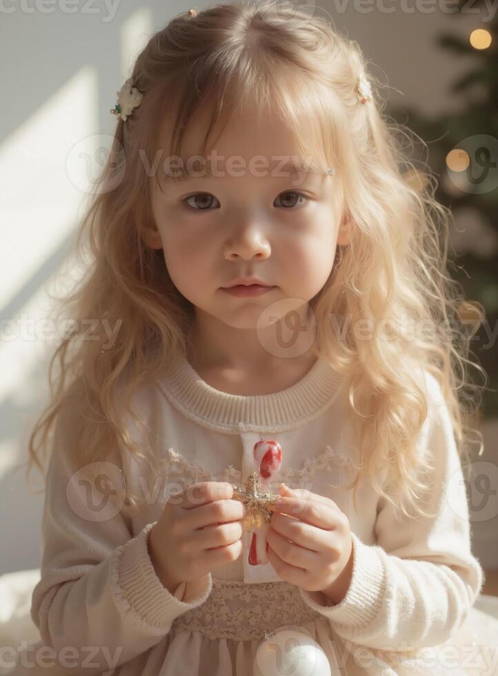 Zoe - Serene Blonde Toddler Girl in Cream, Angelic Portrait photo