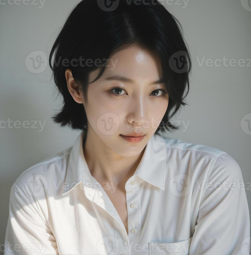 A woman with short hair and a white shirt photo