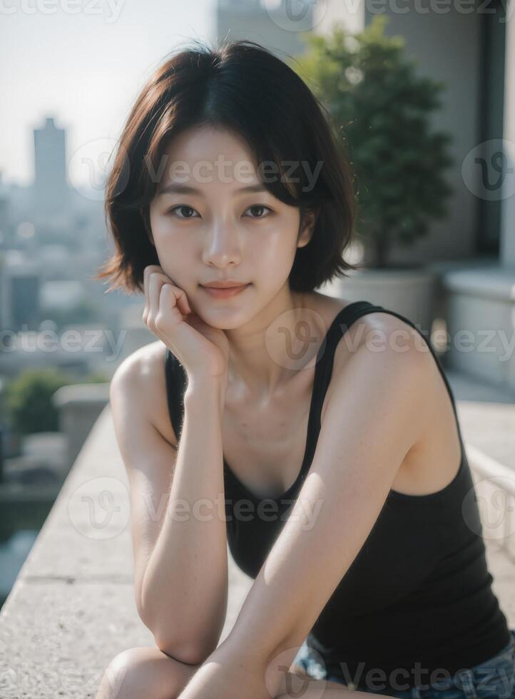 A woman sitting on a ledge with a city in the background photo