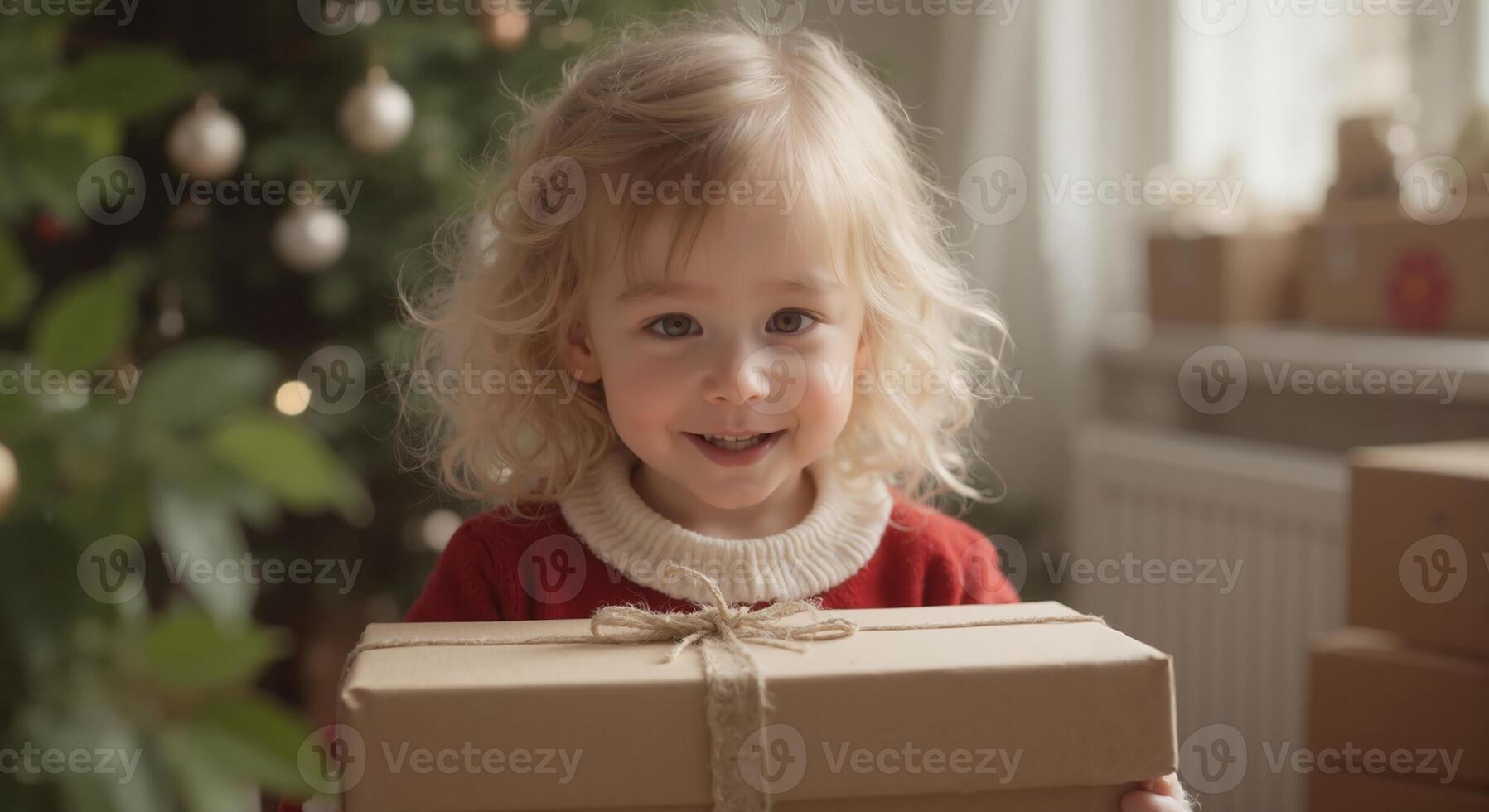 Zoe - Cheerful Blonde Toddler Girl with Gift, Holiday Excitement photo
